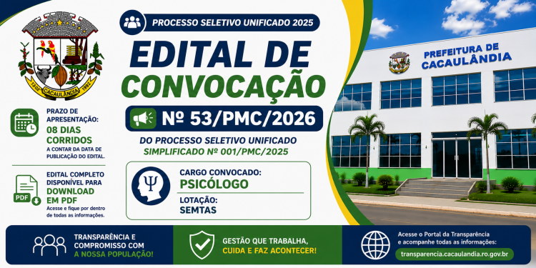EDITAL DE CONVOCAÇÃO Nº53/PMC/2026 PROCESSO SELETIVO Nº001/PMC/2025