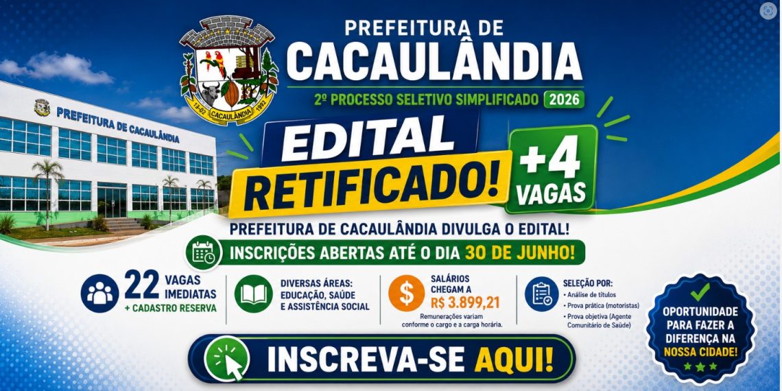 Prefeitura de Cacaulândia abre inscrições para Processo Seletivo Simplificado com 22 vagas imediatas – Edital nº002/PMC/2026 – Retificado