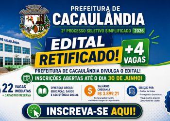 Prefeitura de Cacaulândia abre inscrições para Processo Seletivo Simplificado com 22 vagas imediatas – Edital nº002/PMC/2026 – Retificado