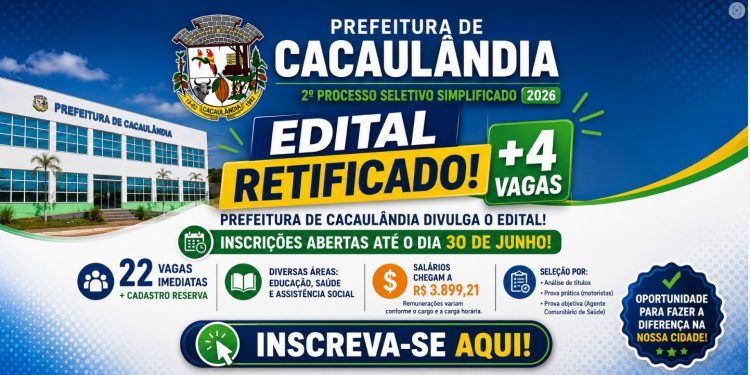 Prefeitura de Cacaulândia abre inscrições para Processo Seletivo Simplificado com 22 vagas imediatas – Edital nº002/PMC/2026 – Retificado