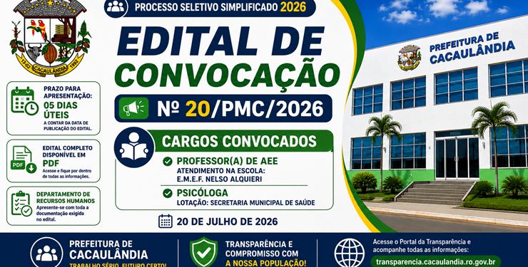 EDITAL DE CONVOCAÇÃO Nº20/PMC/2026 PROCESSO SELETIVO Nº001/PMC/2026