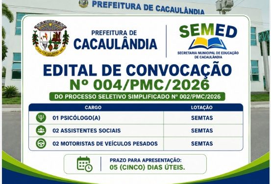 EDITAL DE CONVOCAÇÃO  Nº004/PMC/2026  PROCESSO SELETIVO Nº002/PMC/2026