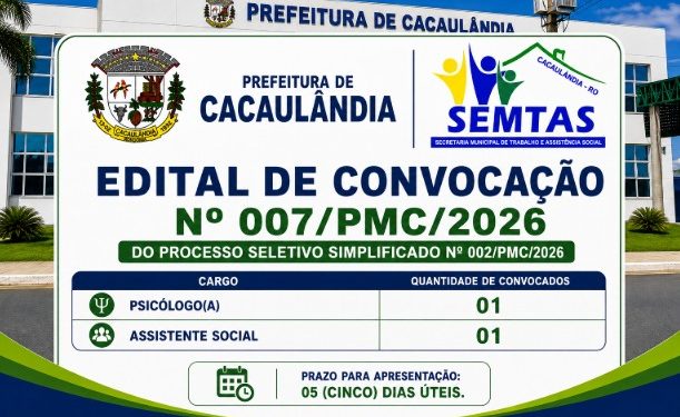 EDITAL DE CONVOCAÇÃO Nº007/PMC/2026 PROCESSO SELETIVO Nº002/PMC/2026