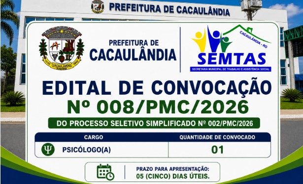 EDITAL DE CONVOCAÇÃO  Nº008/PMC/2026 PROCESSO SELETIVO Nº002/PMC/2026