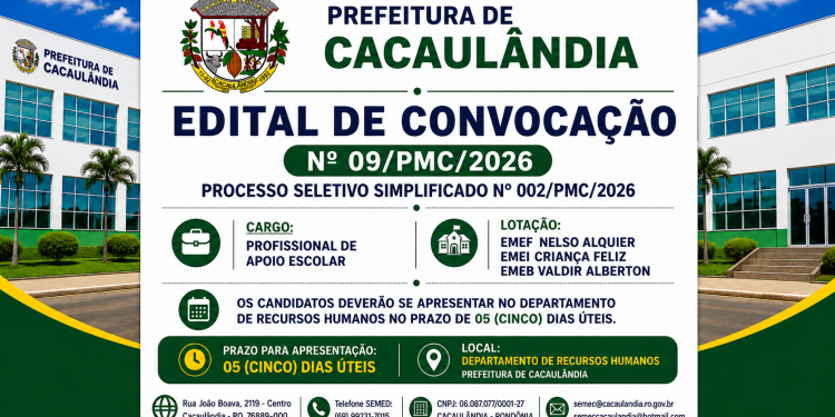 EDITAL DE CONVOCAÇÃO Nº009/PMC/2026 PROCESSO SELETIVO Nº002/PMC/2026