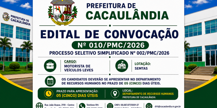 EDITAL DE CONVOCAÇÃO  Nº010/PMC/2026 PROCESSO SELETIVO Nº002/PMC/2026