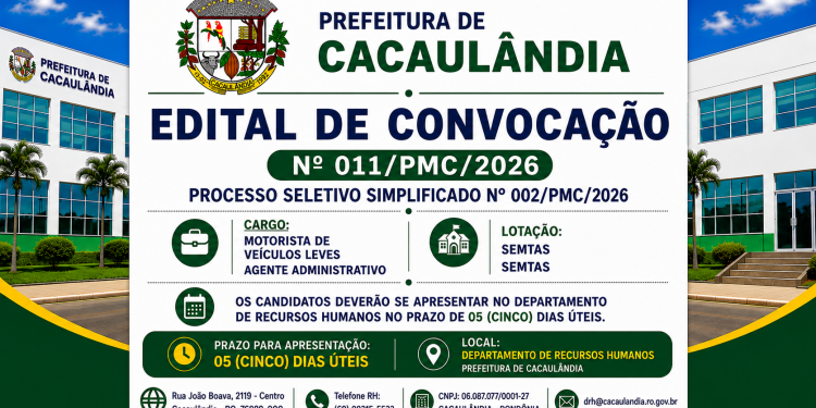 EDITAL DE CONVOCAÇÃO Nº011/PMC/2026 PROCESSO SELETIVO Nº002/PMC/2026