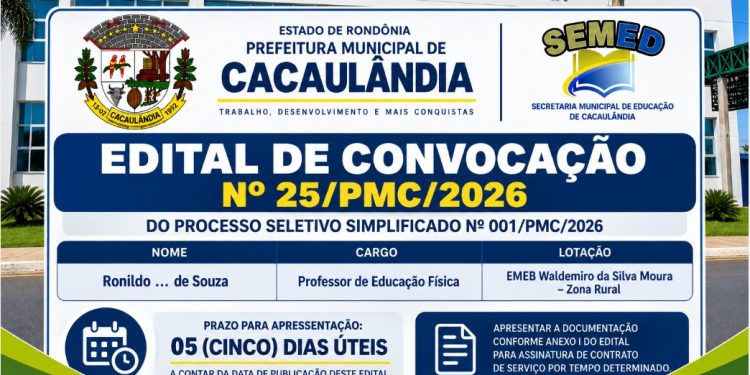 EDITAL DE CONVOCAÇÃO  Nº25/PMC/2026 PROCESSO SELETIVO Nº001/PMC/2026