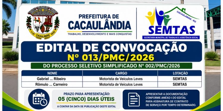 EDITAL DE CONVOCAÇÃO  Nº013/PMC/2026 PROCESSO SELETIVO Nº002/PMC/2026