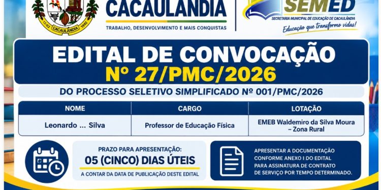 EDITAL DE CONVOCAÇÃO  Nº27/PMC/2026 PROCESSO SELETIVO Nº001/PMC/2026